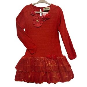 Sophie Catalou Dress Double Flounce Red L/S Floral Applique Metallic Ruffle 6